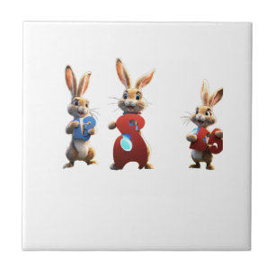 Three Cartoon Hares Holding a Huge Number 3 Sign Ceramic Tile