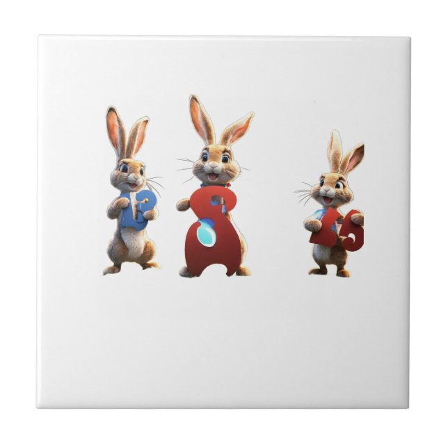 Three Cartoon Hares Holding a Huge Number 3 Sign Ceramic Tile (Front)