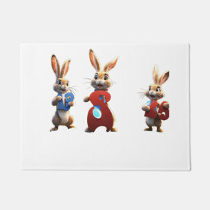 Three Cartoon Hares Holding a Huge Number 3 Sign Doormat