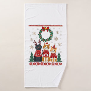 Three Cat Funny Christmas Cat Ugly Xmas Sweater Me Bath Towel