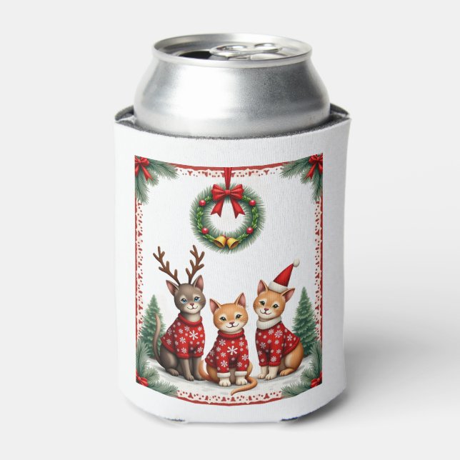 Three Cat Funny Christmas Cat Ugly Xmas Sweater Me Can Cooler (Can Front)