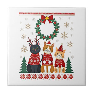 Three Cat Funny Christmas Cat Ugly Xmas Sweater Me Ceramic Tile