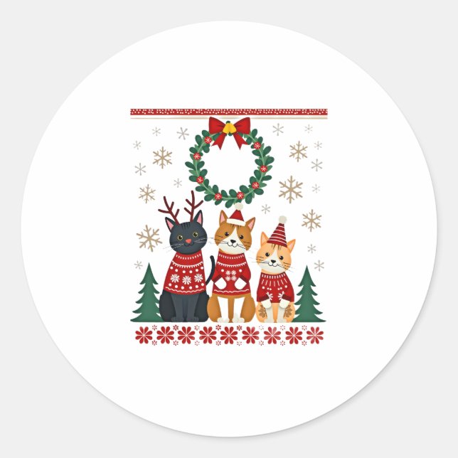 Three Cat Funny Christmas Cat Ugly Xmas Sweater Me Classic Round Sticker (Front)