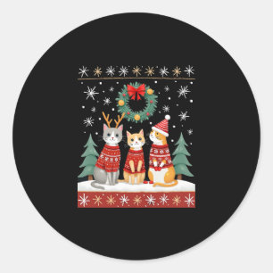 Three Cat Funny Christmas Cat Ugly Xmas Sweater Me Classic Round Sticker