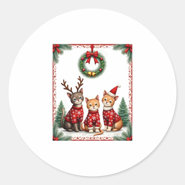 Three Cat Funny Christmas Cat Ugly Xmas Sweater Me Classic Round Sticker (Front)