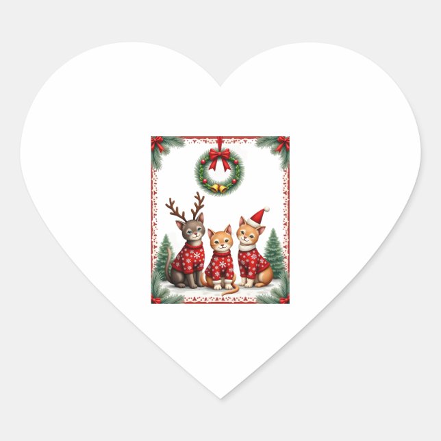 Three Cat Funny Christmas Cat Ugly Xmas Sweater Me Heart Sticker (Front)