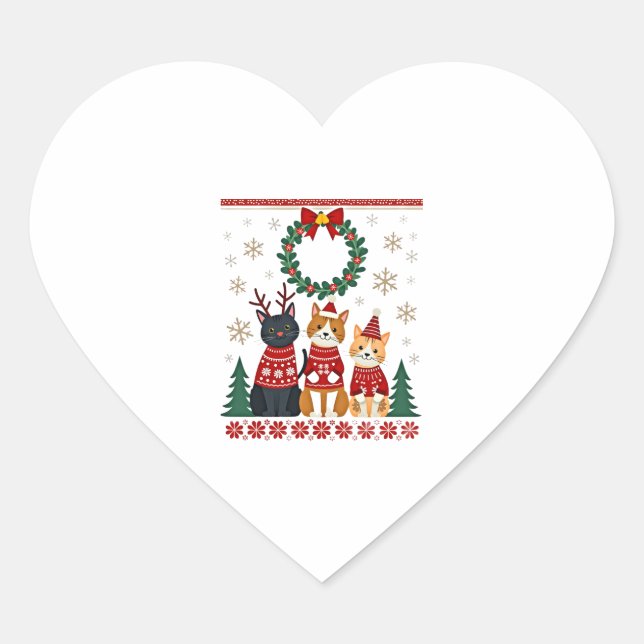 Three Cat Funny Christmas Cat Ugly Xmas Sweater Me Heart Sticker (Front)