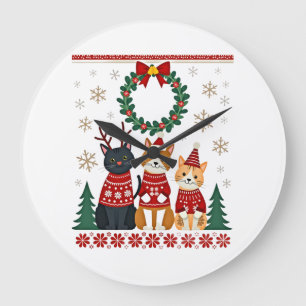 Three Cat Funny Christmas Cat Ugly Xmas Sweater Me Large Clock