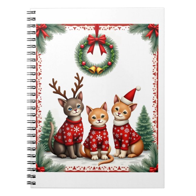 Three Cat Funny Christmas Cat Ugly Xmas Sweater Me Notebook (Front)