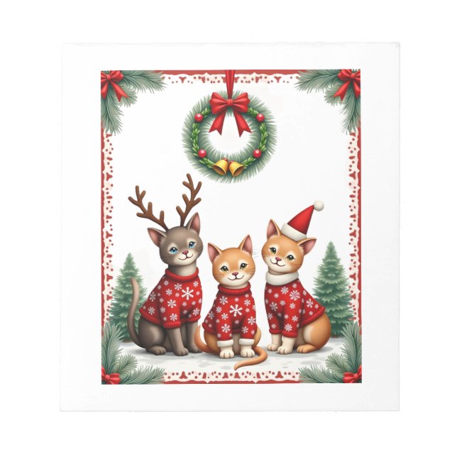 Three Cat Funny Christmas Cat Ugly Xmas Sweater Me Notepad (Front)