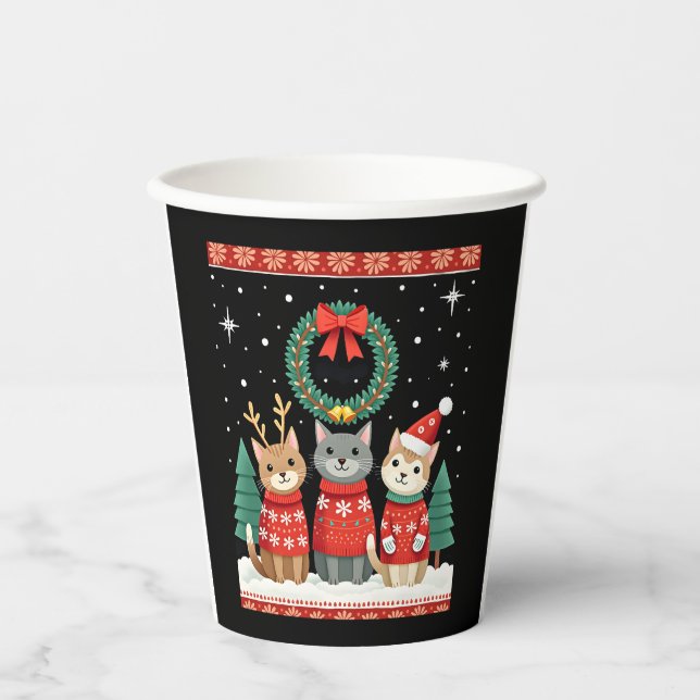 Three Cat Funny Christmas Cat Ugly Xmas Sweater Me Paper Cups (Front)