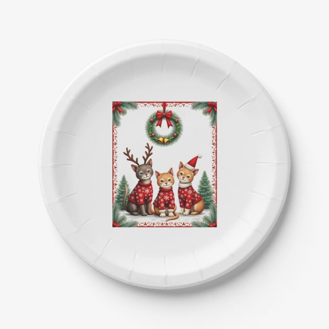Three Cat Funny Christmas Cat Ugly Xmas Sweater Me Paper Plate (Front)