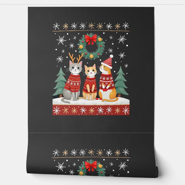 Three Cat Funny Christmas Cat Ugly Xmas Sweater Me Wallpaper (Unrolling)