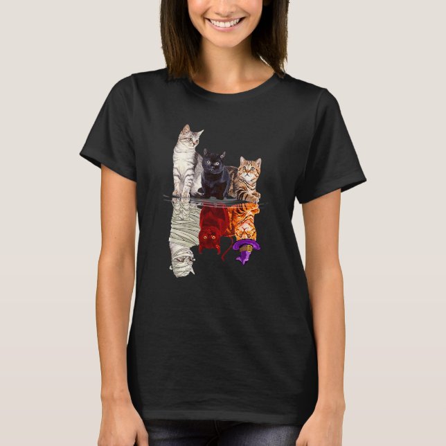 Three Cat Halloween Pumpkin Witch Hat T-Shirt (Front)