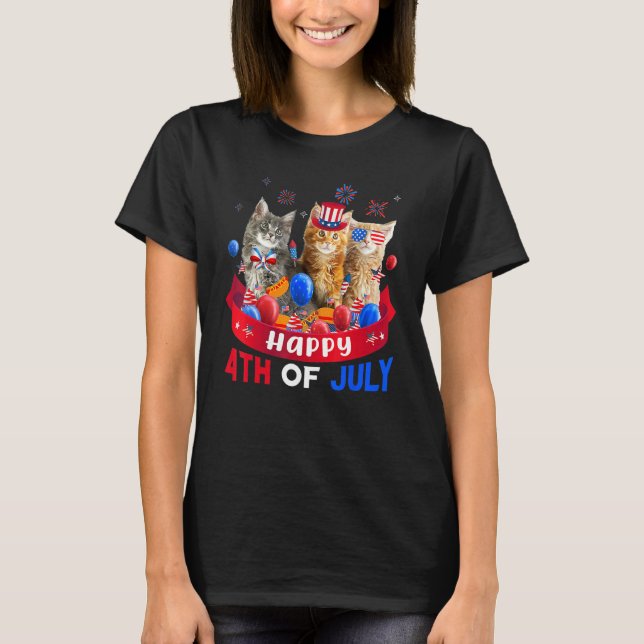 Three Cat Happy 4th Of July Balloon  Independence  T-Shirt (Front)