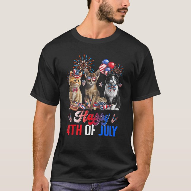 Three Cat Happy 4th Of July Balloon  Independence  T-Shirt (Front)