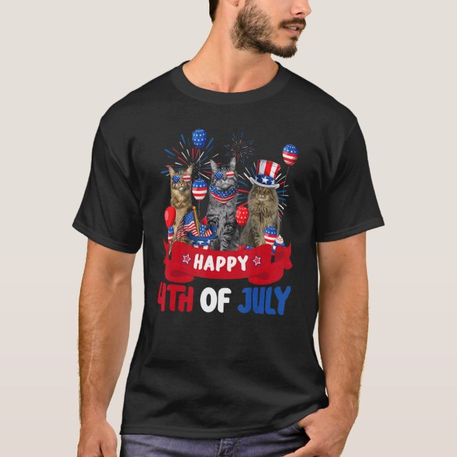 Three Cat Happy 4th Of July Balloon  Independence  T-Shirt (Front)