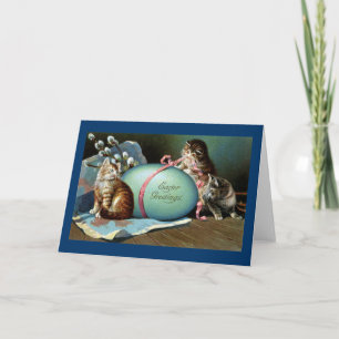 Three Cats & Big Blue Easter Egg Holiday Card