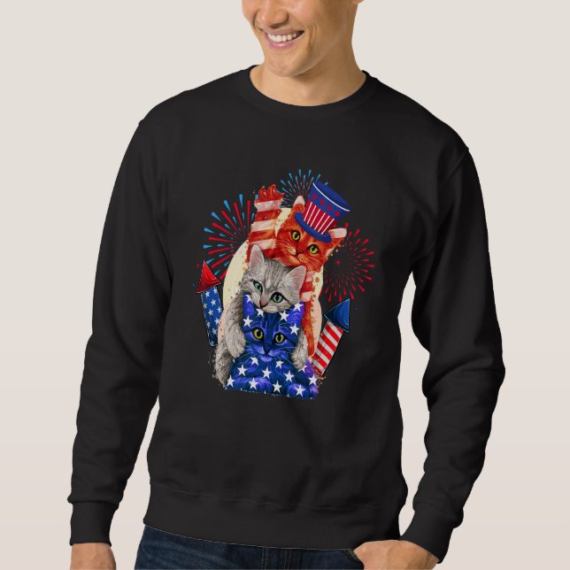 Three Cats Hat American Flag Fireworks  4th Of Jul Sweatshirt (Front)