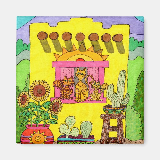 Three Cats in a Yellow Adobe House Magnet (Front)