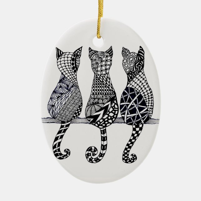 Three Cats Meow, optional personalisation Ceramic Ornament (Front)