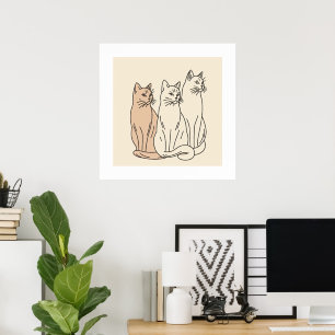 Three Cats Minimalist Line Art Poster