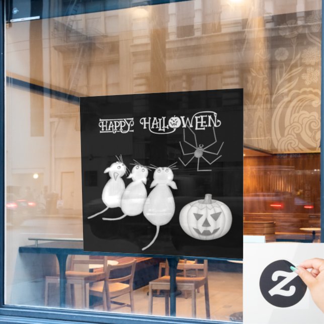 Three Cats, Pumpkin, and Spider Halloween (Cafe Window)