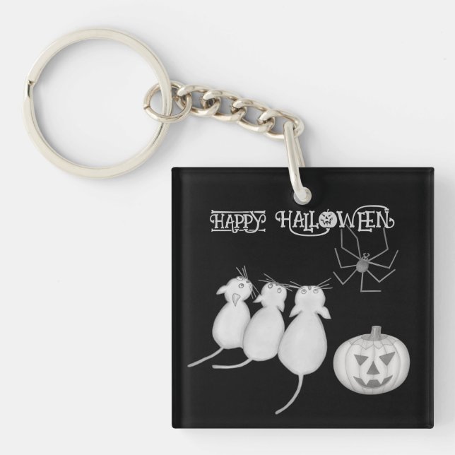 Three Cats, Pumpkin, and Spider Halloween Key Ring (Front)