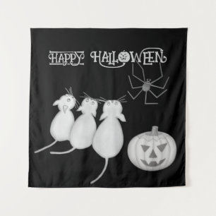 Three Cats, Pumpkin, and Spider Halloween Tapestry
