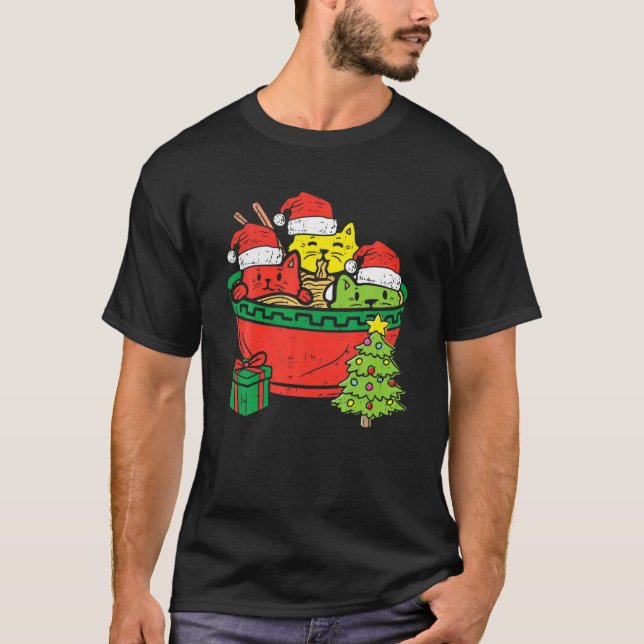 Three Cats Ramen Kitten Anime Christmas Ugly Xmas T-Shirt (Front)