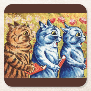 Three cats singing by Louis Wain Square Paper Coaster