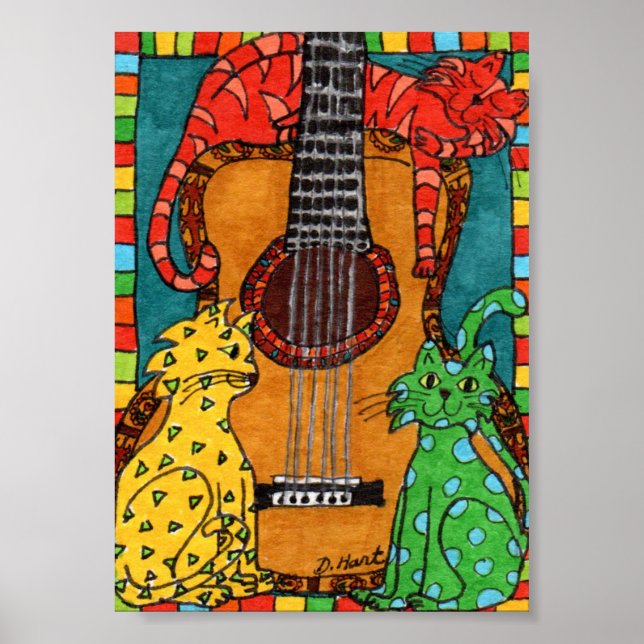 Three Cats with a Guitar Mini Folk Art Poster (Front)