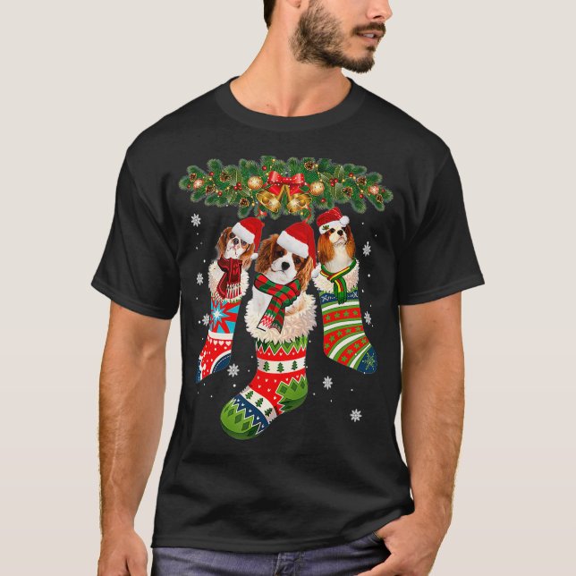 Three Cavalier King Charles In Sock Christmas T-Shirt (Front)