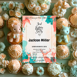 Three Cheers 3rd Birthday Fox, Owl, and Deer Invitation