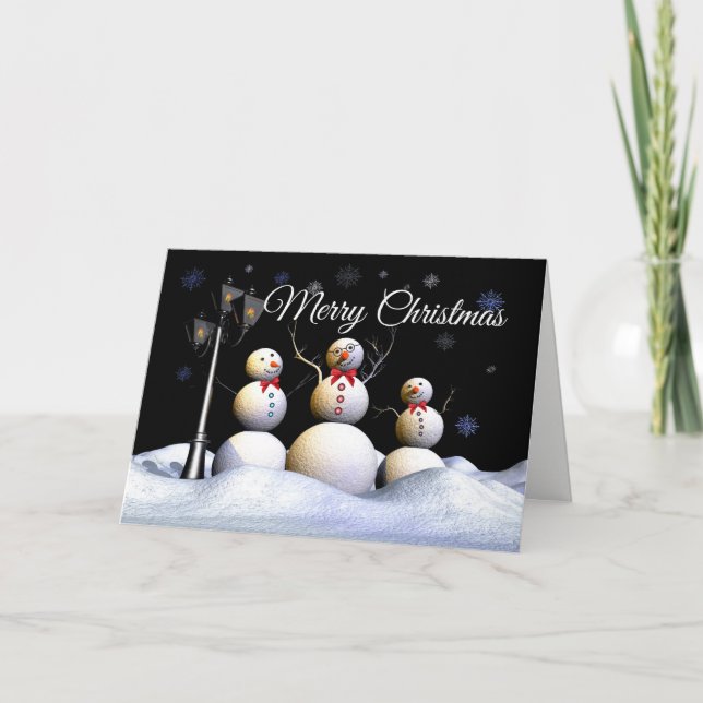 Three Cheery Snow Figures In A Winter Wonderland Holiday Card (Front)
