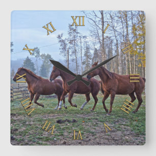 Three Chestnut Ranch Horses Moving in Sync Square Wall Clock
