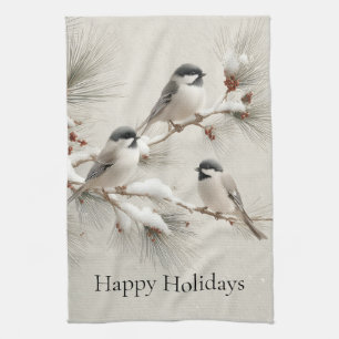 Three Chickadees on a Snow-Dusted Pine Branch Tea Towel