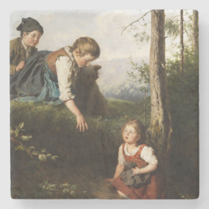 Three Children Picking Wild Berries in the Forest Stone Coaster