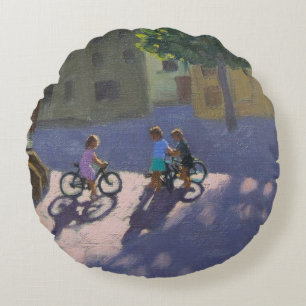 Three children with bicycles Spain Round Cushion