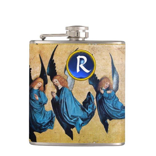 THREE CHRISTMAS ANGELS IN BLUE GEM MONOGRAM HIP FLASK (Front)