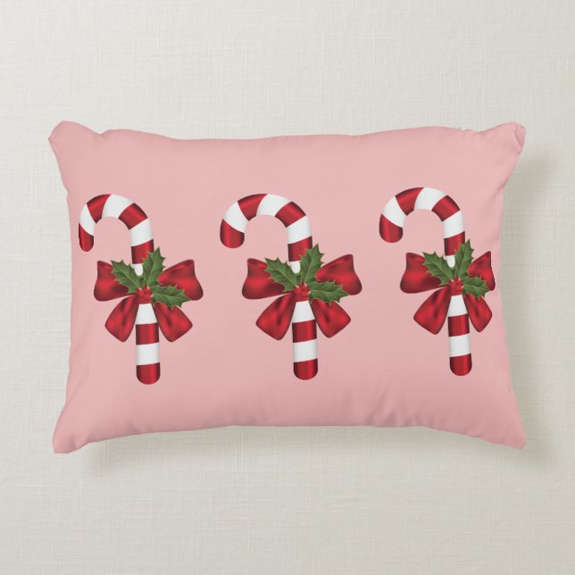 Three Christmas Candy Canes On Light Pink Decorative Cushion (Front)