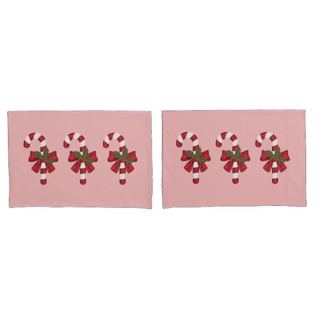 Three Christmas Candy Canes On Light Pink Pillowcase (Front-Set)
