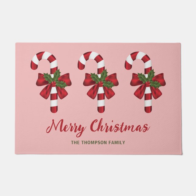 Three Christmas Candy Canes With Custom Text Doormat (Front)