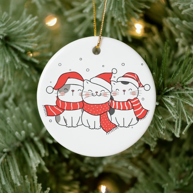 Three Christmas Cats in Hats and Scarves Ceramic Ornament (Tree)