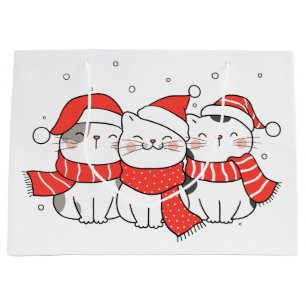 Three Christmas Cats in Hats and Scarves Large Gift Bag