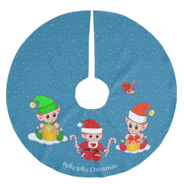 Three Christmas Elves on Sapphire Blue Brushed Polyester Tree Skirt (Front)