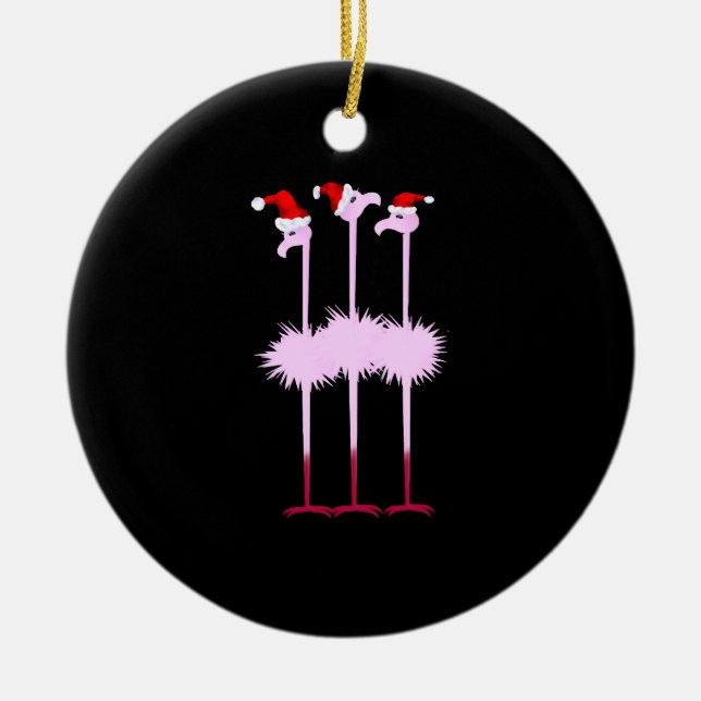 Three Christmas Flamingos Ceramic Ornament (Front)