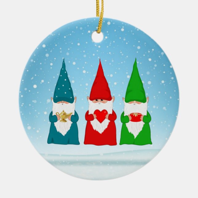 Three Christmas Gnomes Ceramic Ornament (Front)