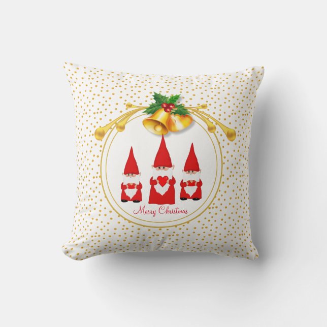 Three Christmas Gnomes & Golden Confetti Cushion (Front)