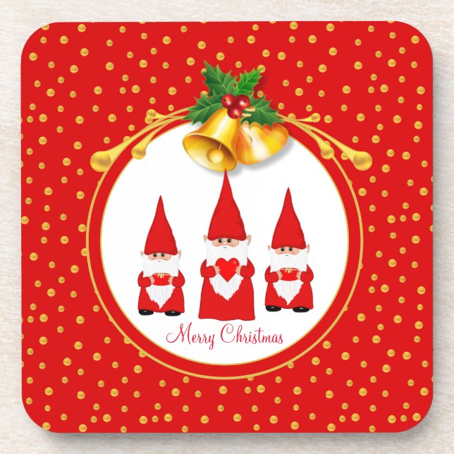 Three Christmas Gnomes & Golden Confetti on Red Coaster (Front)